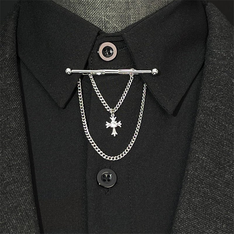 WCRAZYE Men Tie Pins Shirt Collar Pin Double Chains Tassel 18K Gold Silver Black Brass Collar Bar Tie Stick Pin Suit Accessories Wedding Business Gift - Image 2